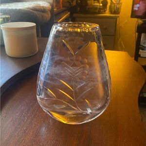 Elegant Clear Glass Vase with Etched Floral Design, has some fog. Heavy
